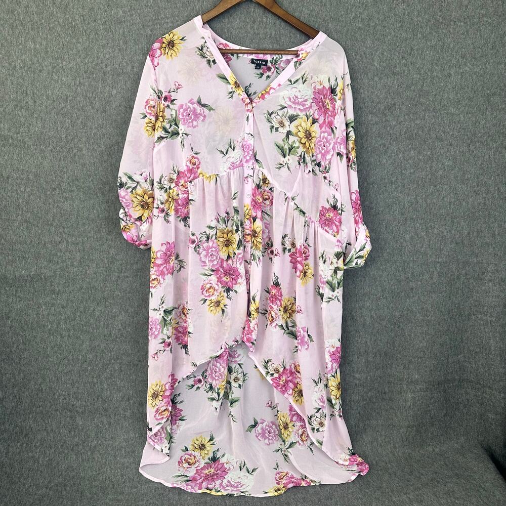 Torrid Sheer High-Low Top Floral Pink Fairy Sz 2X XXL Garden Lightweight Beach